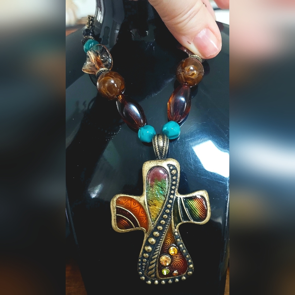 Bohemian Multicolor Cross Pendant Necklace